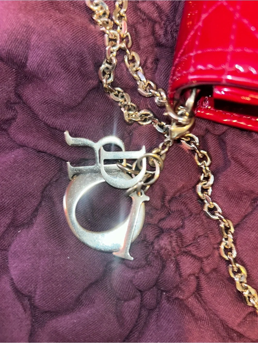 Dior Red Quilted Patent Chain Pouch